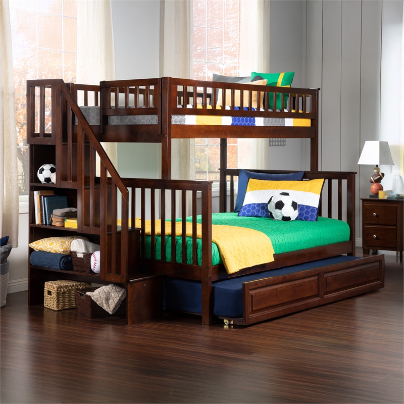 AFI Woodland Twin Over Full Staircase Trundle Wood Bunk Bed in Walnut
