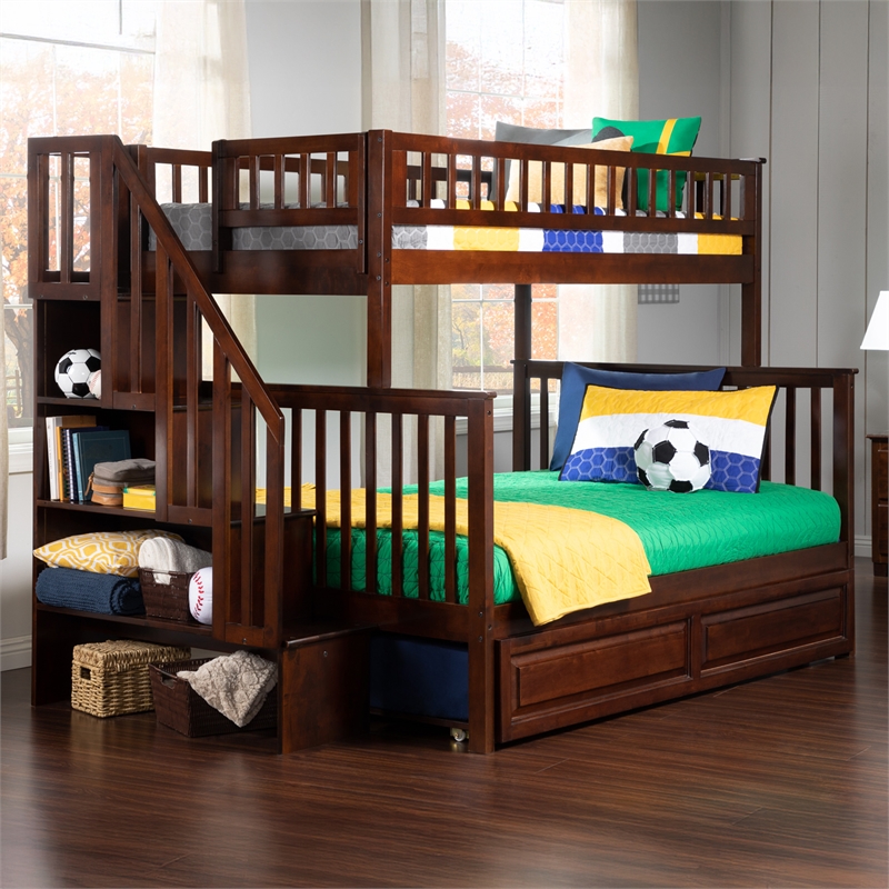 AFI Woodland Twin Over Full Staircase Trundle Wood Bunk Bed in Walnut
