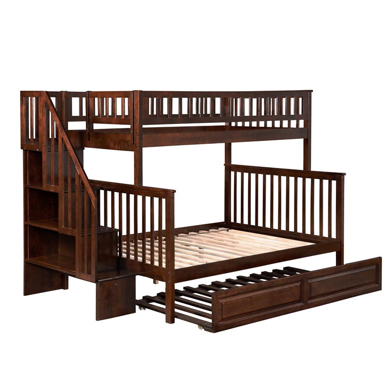 AFI Woodland Twin Over Full Staircase Trundle Wood Bunk Bed in Walnut