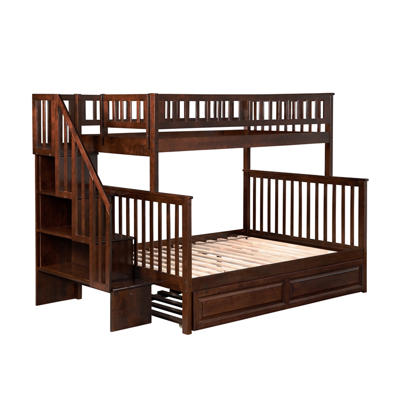 AFI Woodland Twin Over Full Staircase Trundle Wood Bunk Bed in Walnut