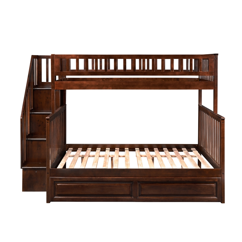 AFI Woodland Twin Over Full Staircase Trundle Wood Bunk Bed in Walnut