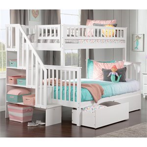 afi woodland twin over full wood staircase storage bunk bed in white