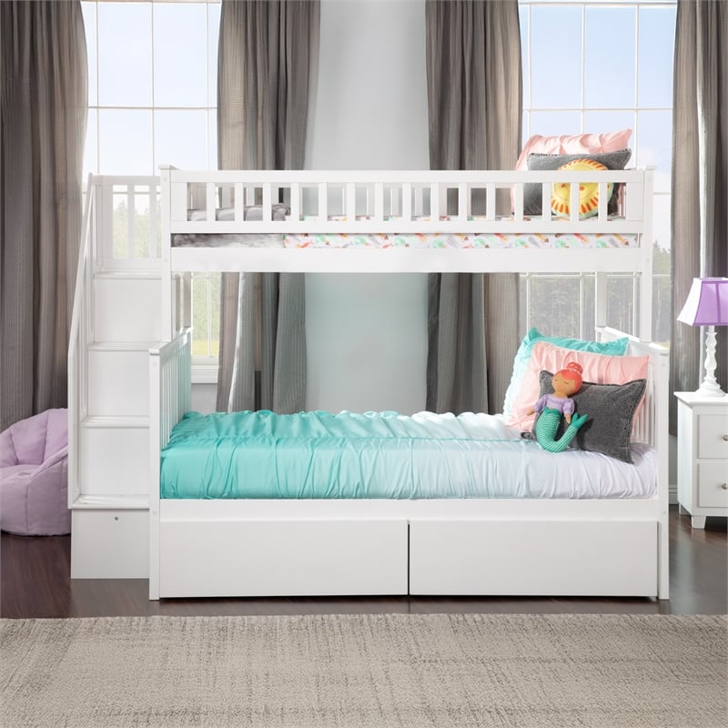 AFI Woodland Twin Over Full Staircase Storage Wood Bunk Bed in White