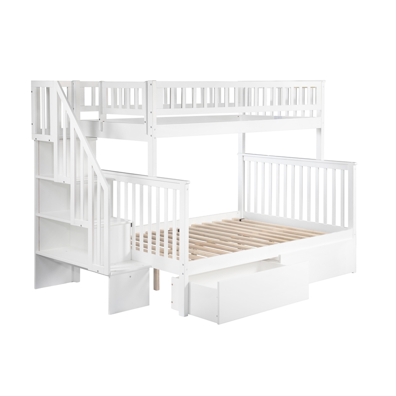 AFI Woodland Twin Over Full Staircase Storage Wood Bunk Bed in White