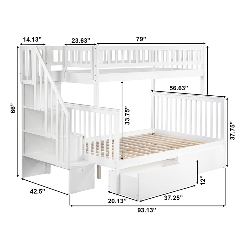 AFI Woodland Twin Over Full Staircase Storage Wood Bunk Bed in White