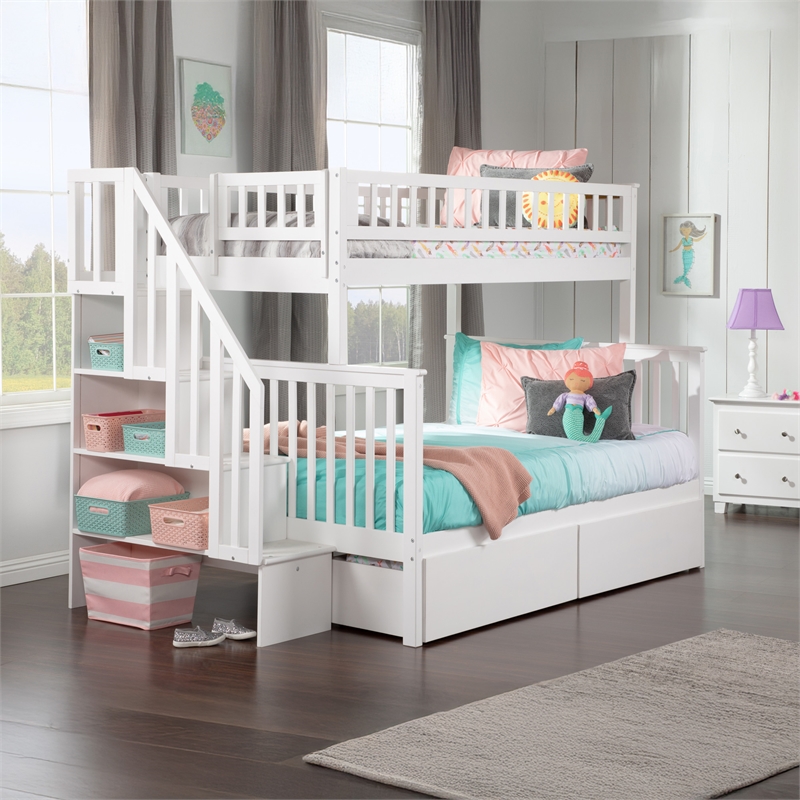 AFI Woodland Twin Over Full Staircase Storage Wood Bunk Bed in White