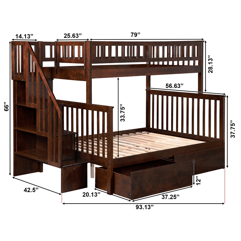 AFI Woodland Twin Over Full Staircase Storage Wood Bunk Bed in Walnut