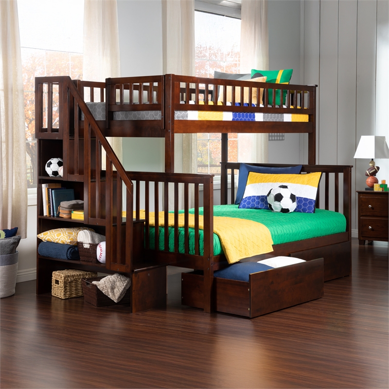 AFI Woodland Twin Over Full Staircase Storage Wood Bunk Bed in Walnut