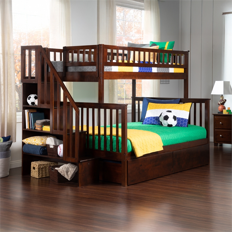 AFI Woodland Twin Over Full Staircase Storage Wood Bunk Bed in Walnut