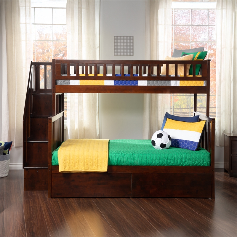 AFI Woodland Twin Over Full Staircase Storage Wood Bunk Bed in Walnut
