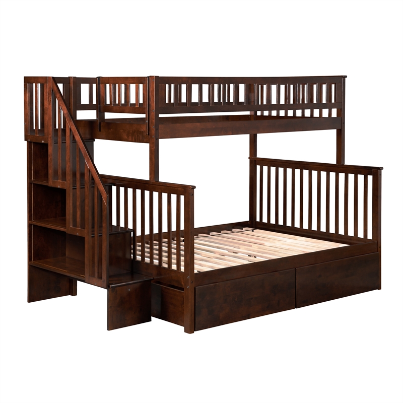 AFI Woodland Twin Over Full Staircase Storage Wood Bunk Bed in Walnut