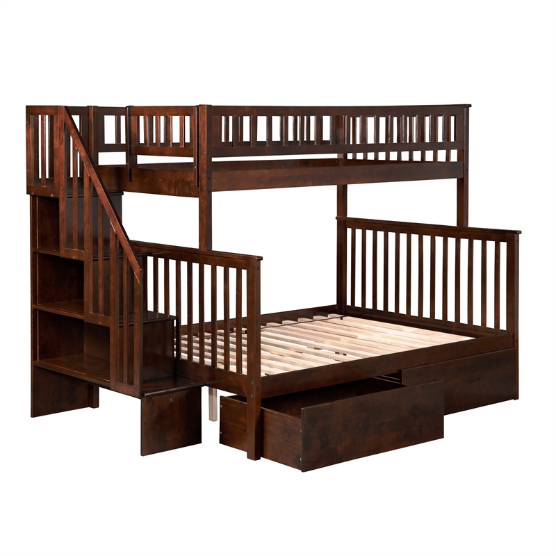 AFI Woodland Twin Over Full Staircase Storage Wood Bunk Bed in Walnut