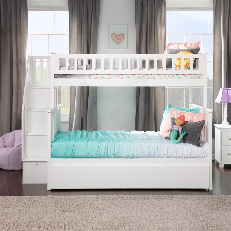 AFI Woodland Twin Over Full Staircase Trundle Wood Bunk Bed in White