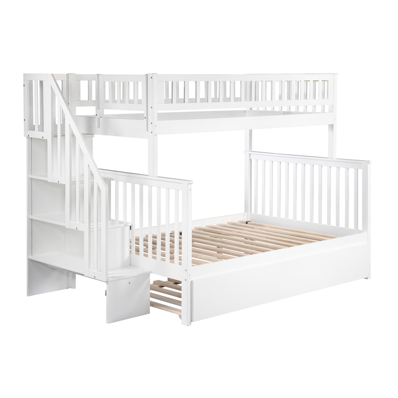 AFI Woodland Twin Over Full Staircase Trundle Wood Bunk Bed in White