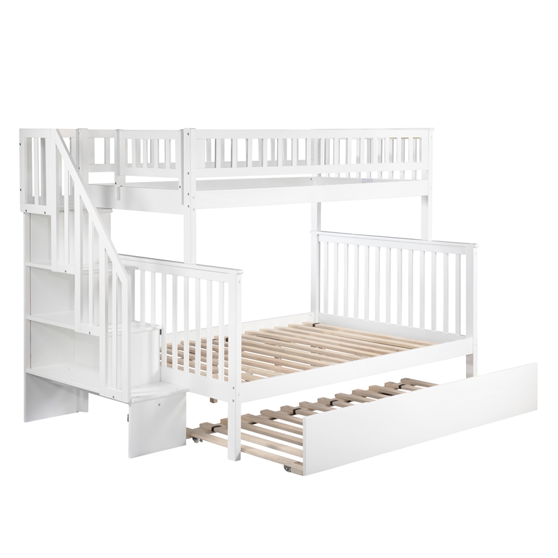 AFI Woodland Twin Over Full Staircase Trundle Wood Bunk Bed in White