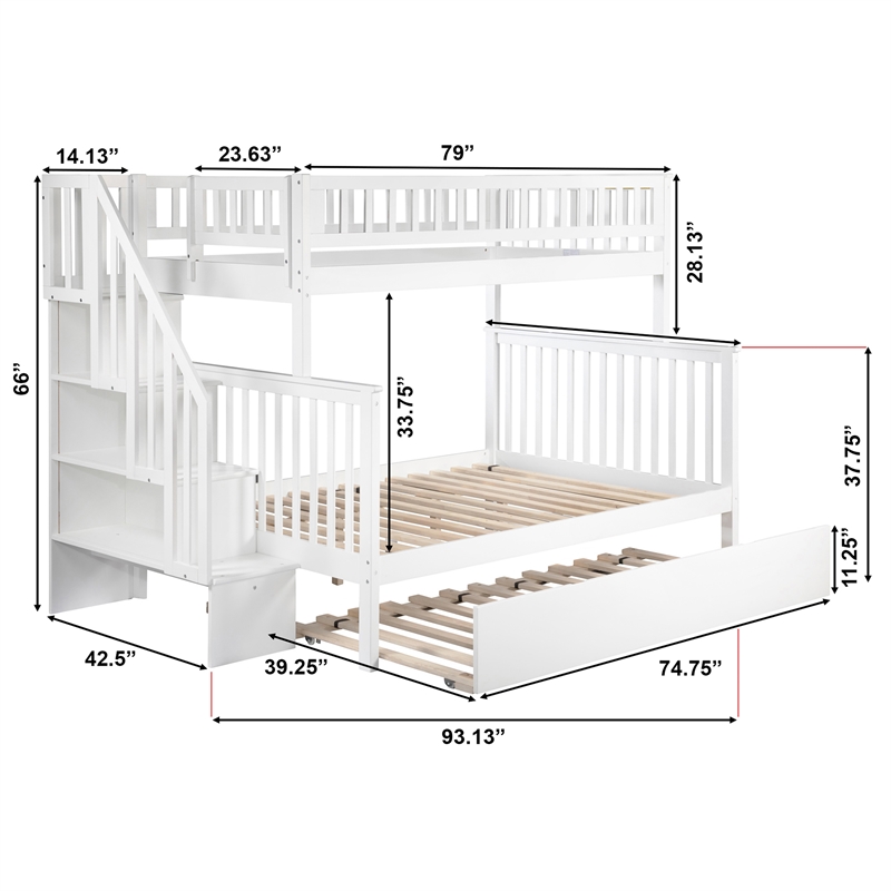 AFI Woodland Twin Over Full Staircase Trundle Wood Bunk Bed in White