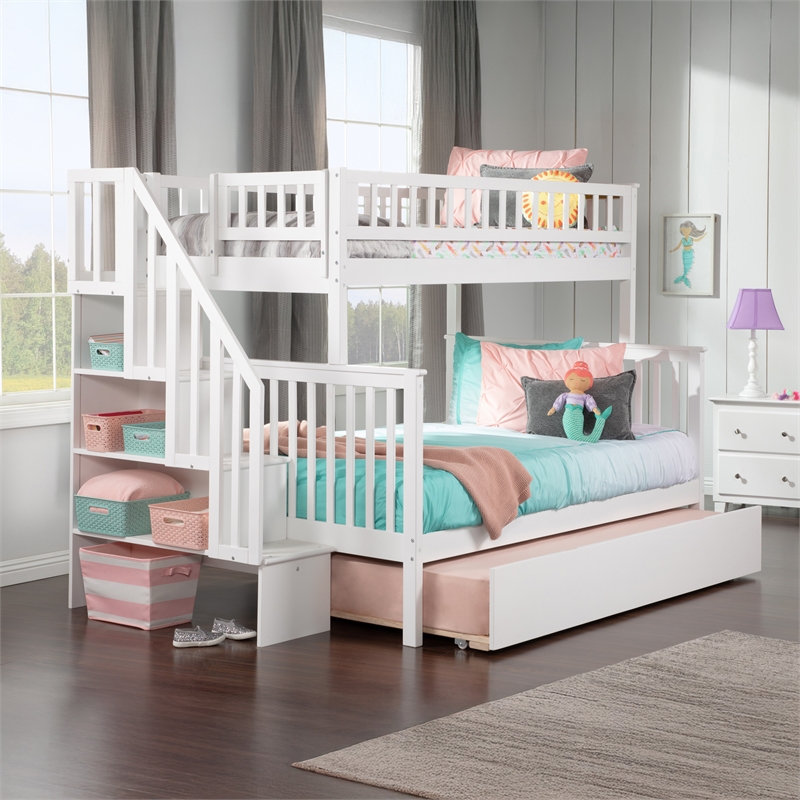 AFI Woodland Twin Over Full Staircase Trundle Wood Bunk Bed in White