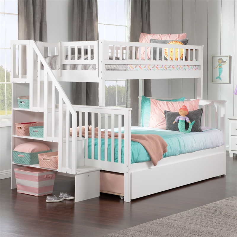 AFI Woodland Twin Over Full Staircase Trundle Wood Bunk Bed in White