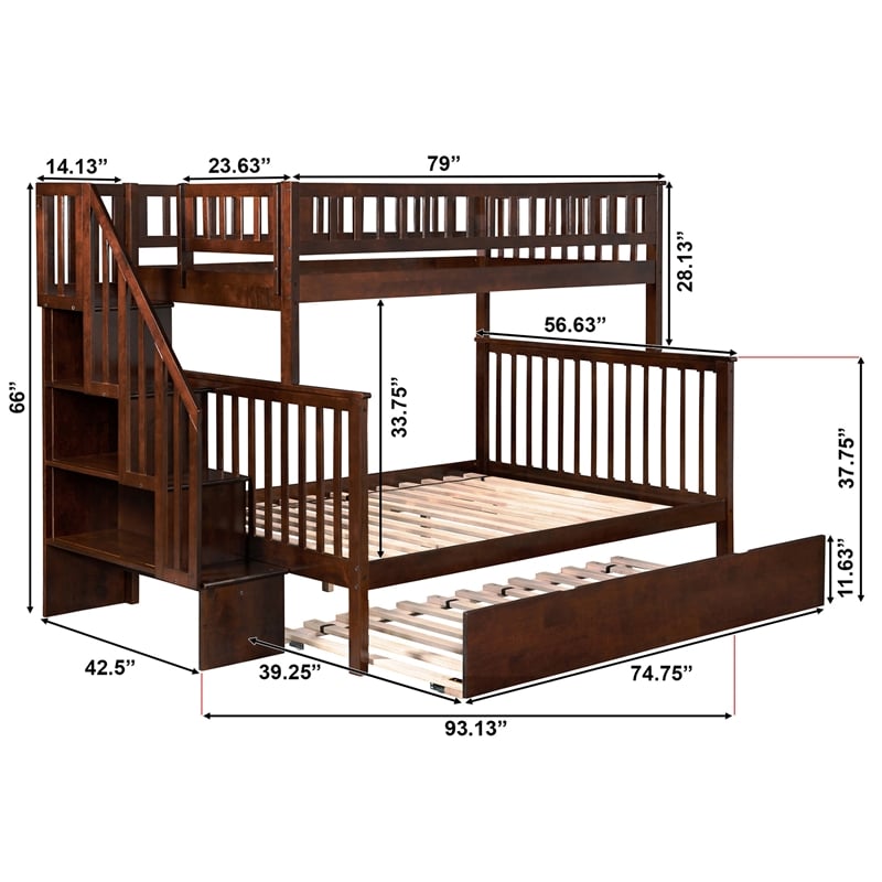 AFI Woodland Twin Over Full Staircase Trundle Wood Bunk Bed in Walnut