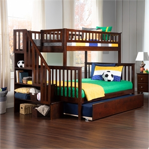 AFI Woodland Twin Over Full Staircase Trundle Wood Bunk Bed in Walnut
