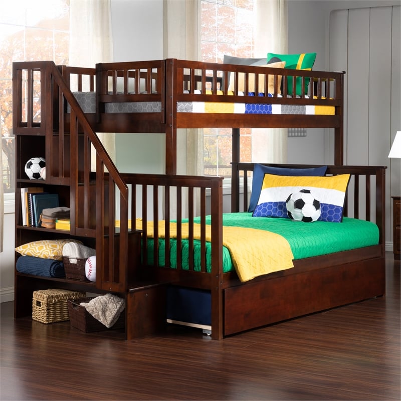 AFI Woodland Twin Over Full Staircase Trundle Wood Bunk Bed in Walnut