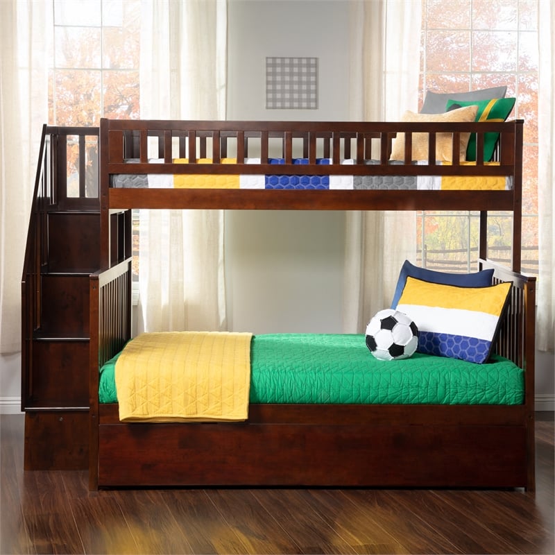 AFI Woodland Twin Over Full Staircase Trundle Wood Bunk Bed in Walnut