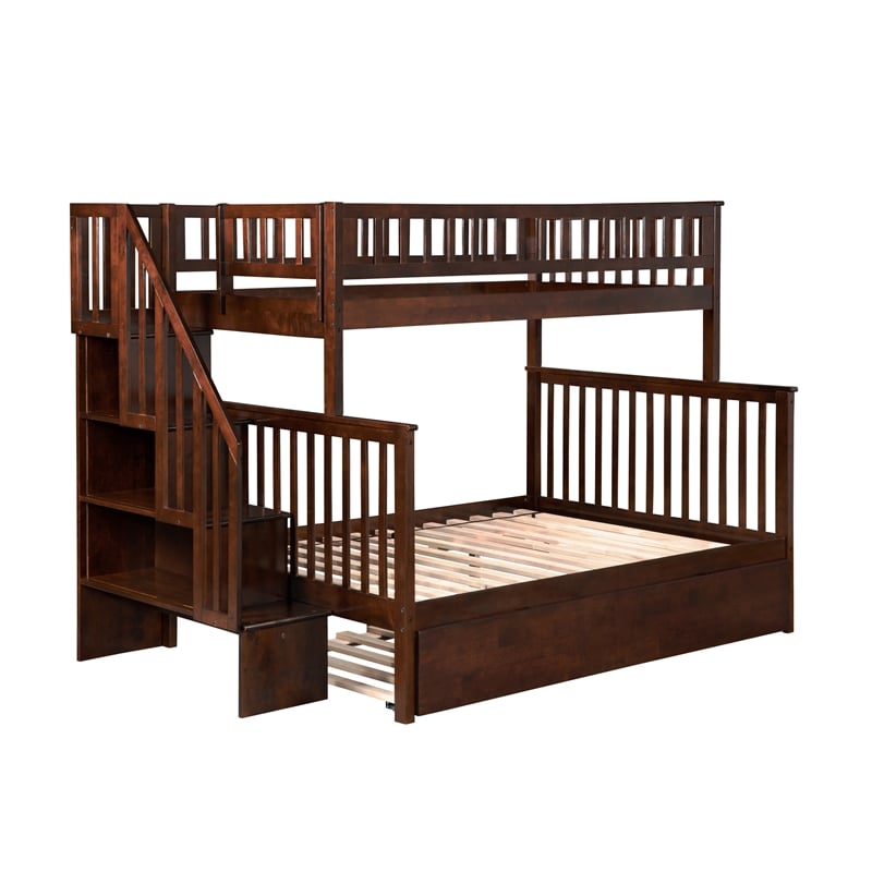 AFI Woodland Twin Over Full Staircase Trundle Wood Bunk Bed in Walnut