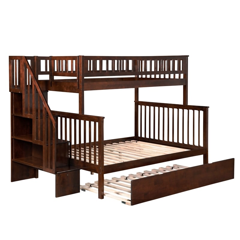 AFI Woodland Twin Over Full Staircase Trundle Wood Bunk Bed in Walnut