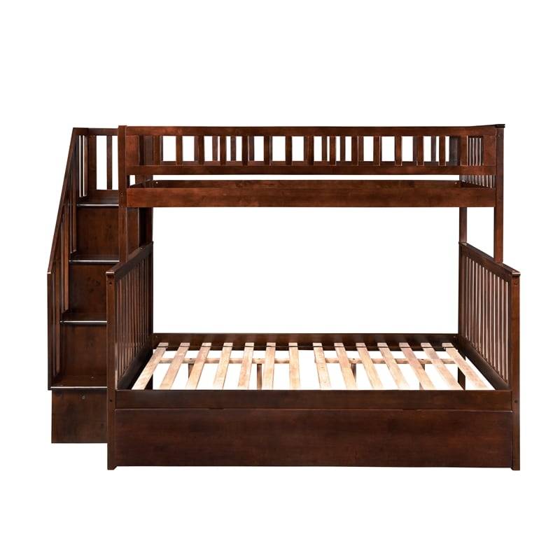 AFI Woodland Twin Over Full Staircase Trundle Wood Bunk Bed in Walnut