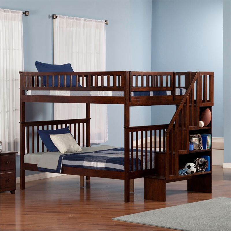 AFI Woodland Full Over Full Solid Wood Staircase Bunk Bed in Walnut