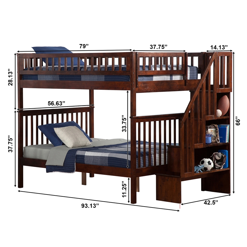 AFI Woodland Full Over Full Solid Wood Staircase Bunk Bed in Walnut