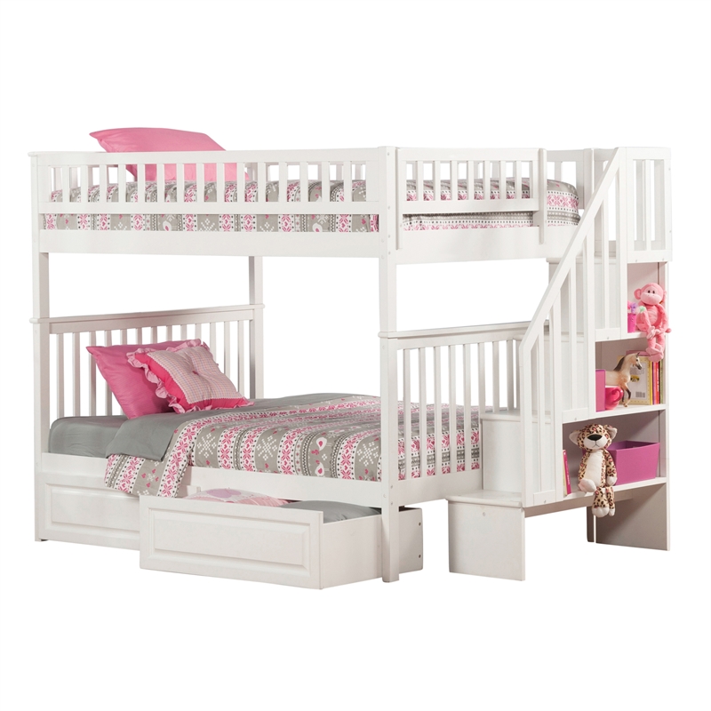 AFI Woodland Full Over Full Staircase Storage Wood Bunk Bed in White