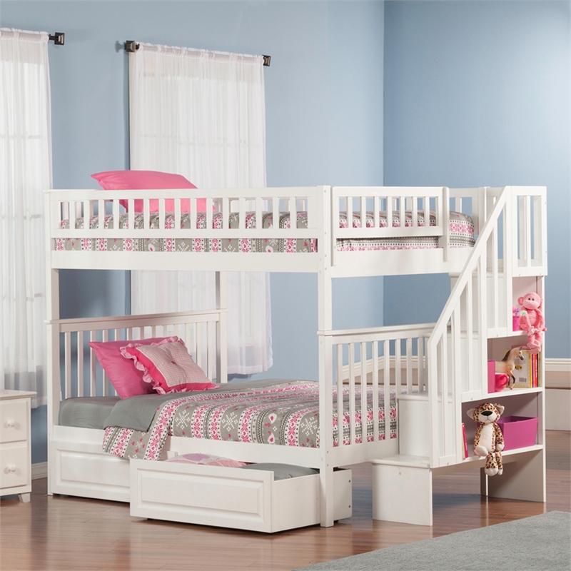 AFI Woodland Full Over Full Staircase Storage Wood Bunk Bed in White