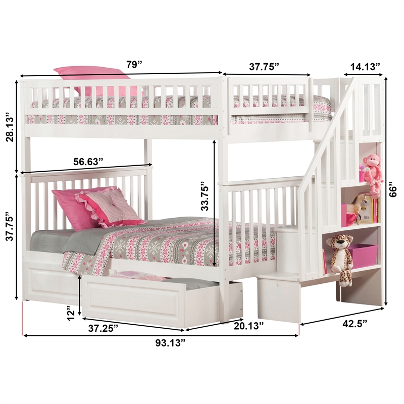 AFI Woodland Full Over Full Staircase Storage Wood Bunk Bed in White