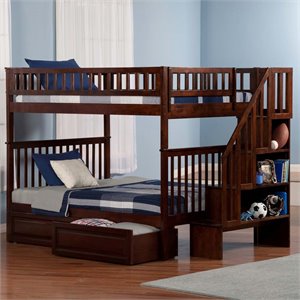 afi woodland full over full wood staircase storage bunk bed in walnut