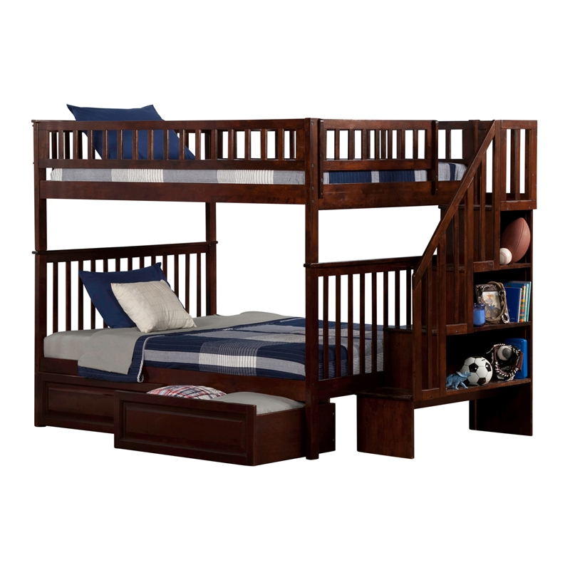 AFI Woodland Full Over Full Staircase Storage Wood Bunk Bed in Walnut