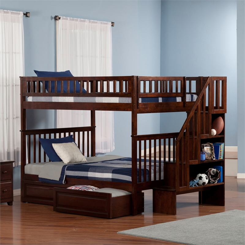 AFI Woodland Full Over Full Staircase Storage Wood Bunk Bed in Walnut