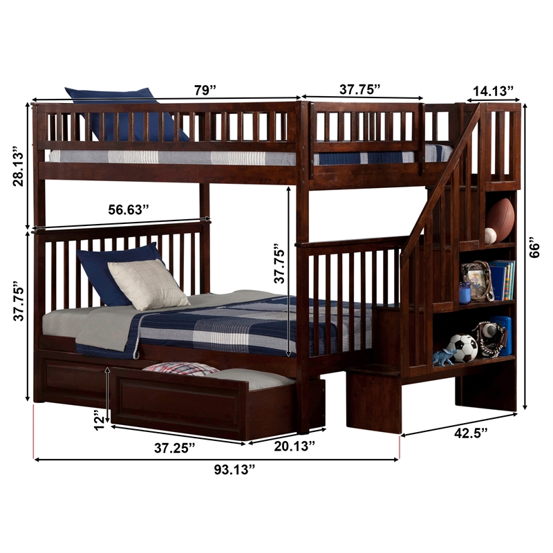 AFI Woodland Full Over Full Staircase Storage Wood Bunk Bed in Walnut