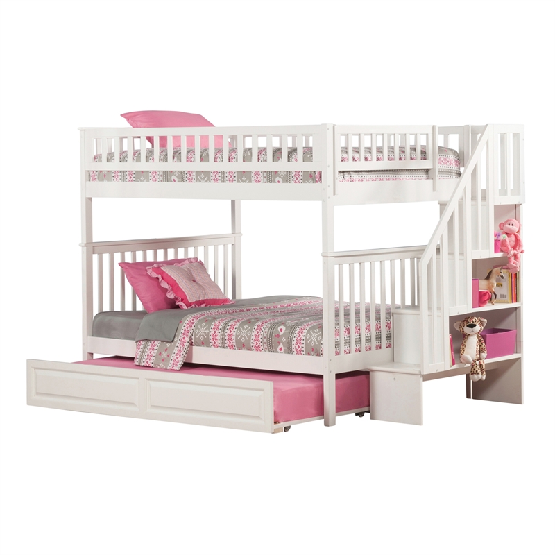 AFI Woodland Full Over Full Staircase Trundle Wood Bunk Bed in White