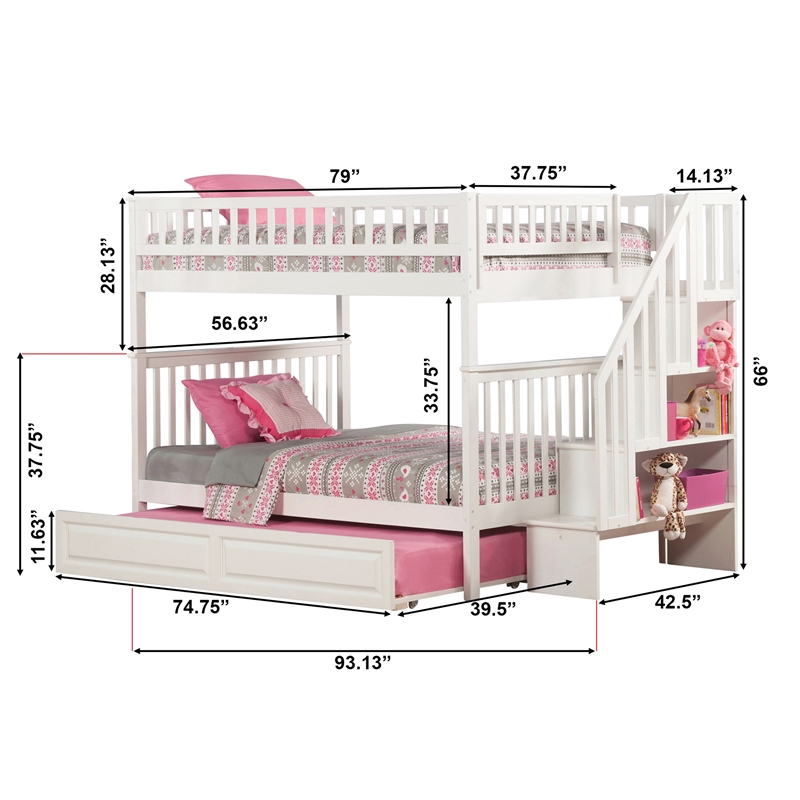 AFI Woodland Full Over Full Staircase Trundle Wood Bunk Bed in White