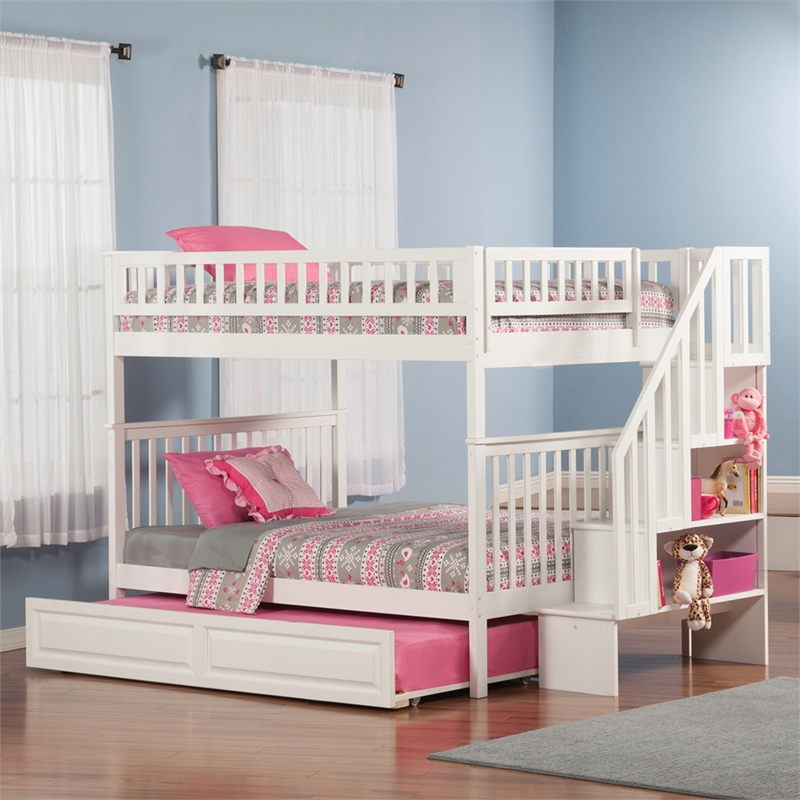AFI Woodland Full Over Full Staircase Trundle Wood Bunk Bed in White