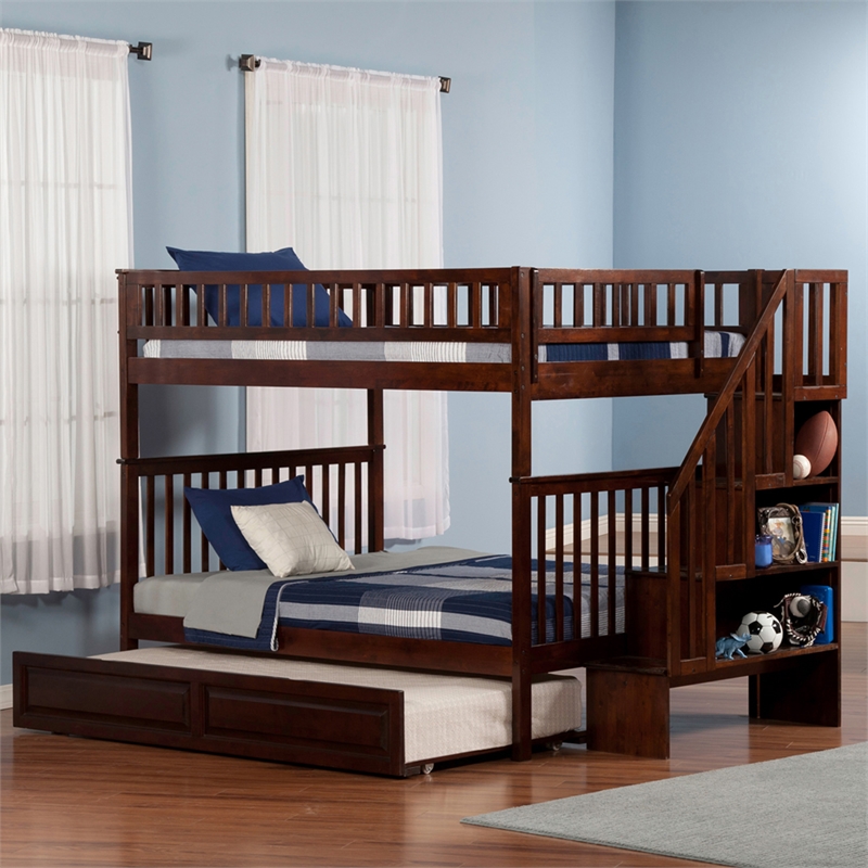 AFI Woodland Full Over Full Staircase Trundle Wood Bunk Bed in Walnut