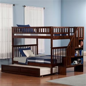 AFI Woodland Full Over Full Staircase Trundle Wood Bunk Bed in Walnut
