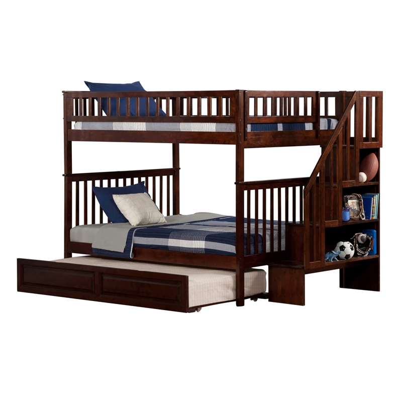 AFI Woodland Full Over Full Staircase Trundle Wood Bunk Bed in Walnut