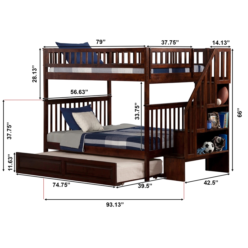 AFI Woodland Full Over Full Staircase Trundle Wood Bunk Bed in Walnut