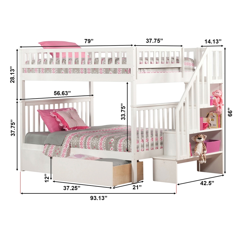 AFI Woodland Full Over Full Staircase Storage Wood Bunk Bed in White