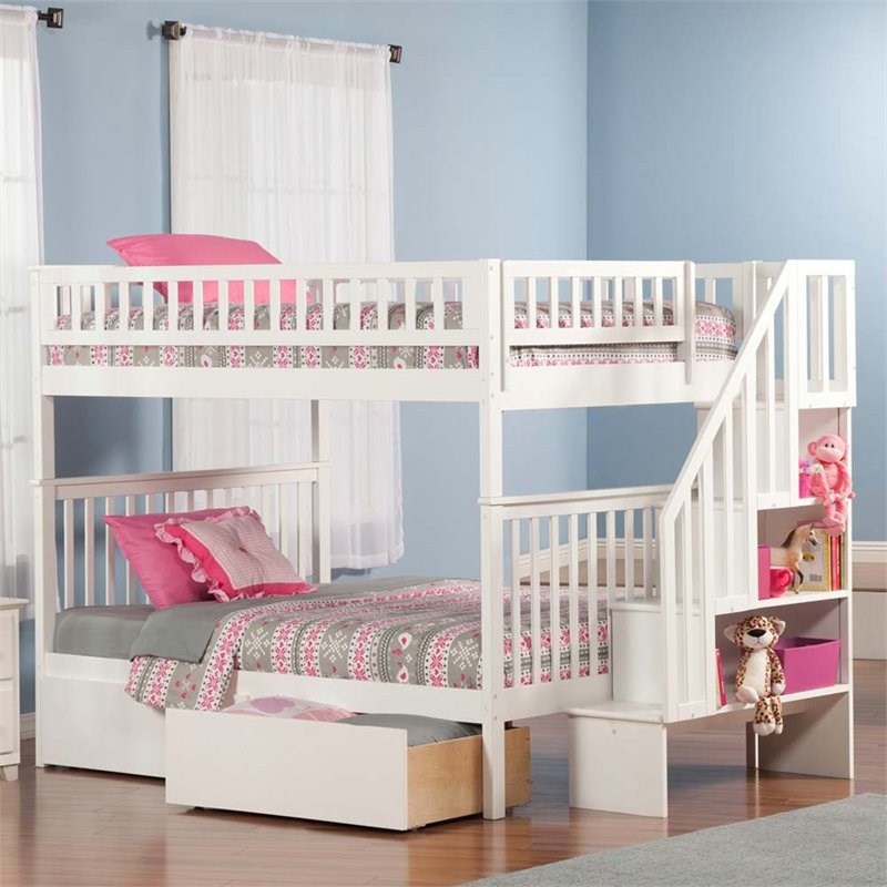 AFI Woodland Full Over Full Solid Wood Staircase Storage Bunk Bed in White