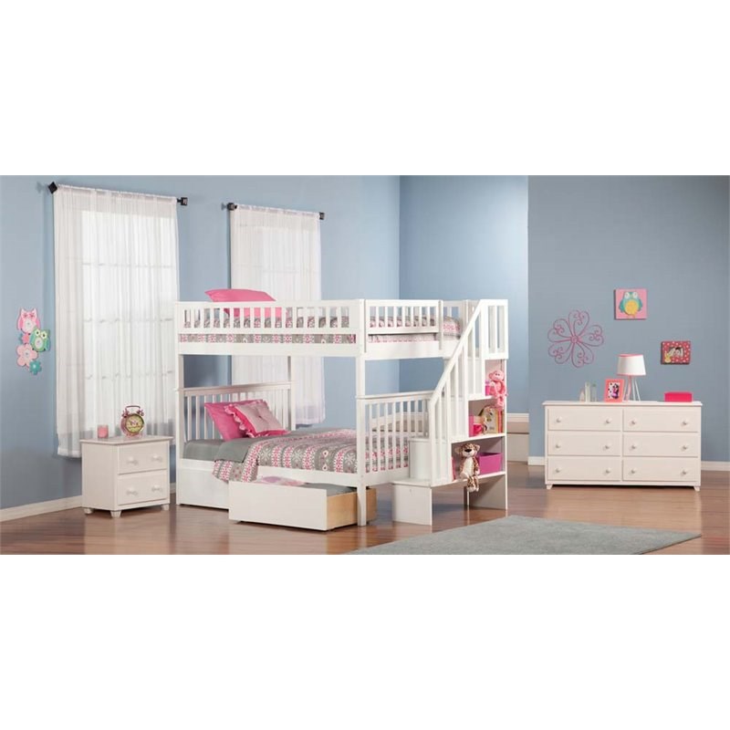 AFI Woodland Full Over Full Solid Wood Staircase Storage Bunk Bed in White
