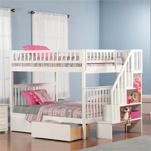 AFI Woodland Full Over Full Staircase Storage Wood Bunk Bed in White
