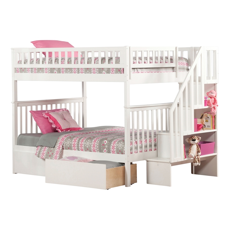 AFI Woodland Full Over Full Staircase Storage Wood Bunk Bed in White
